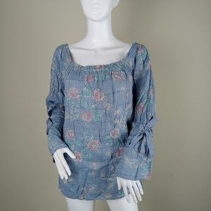 William Rast Women's Off The Shoulder Top Size XL Blue Floral Print Sleeve Ties